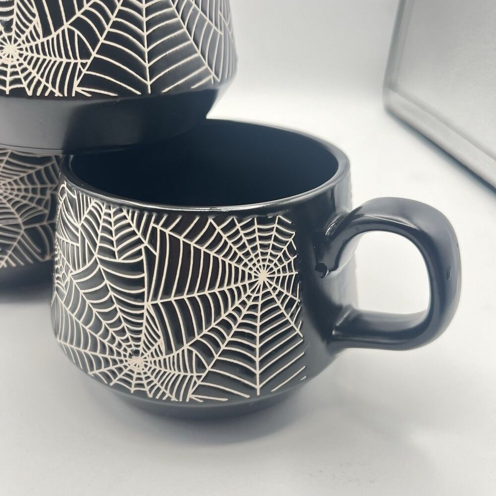 COCO + LOLA Halloween Spiderweb Set of 3 Coffee Mugs Black Cups Mug - Picture 3 of 13